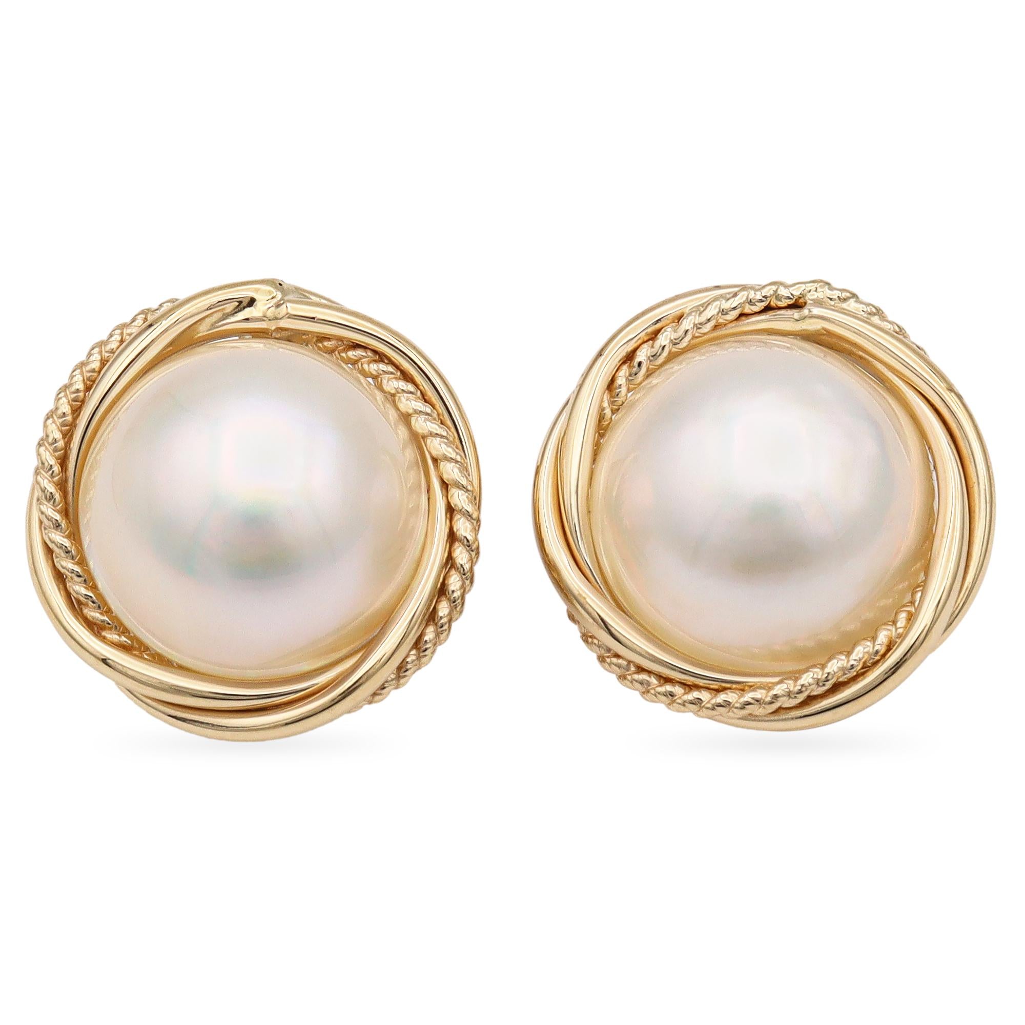 14K Yellow Gold Mabe Pearl Clip On Earrings