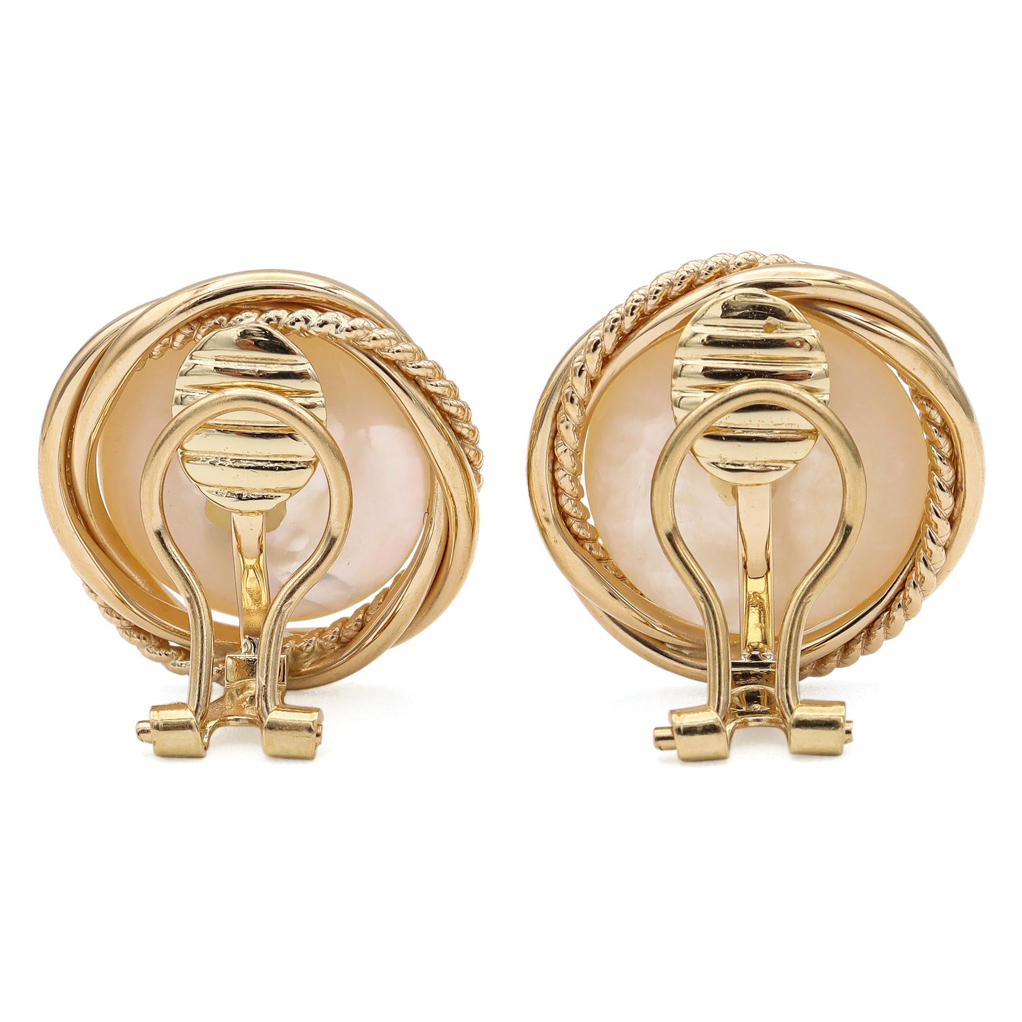 14K Yellow Gold Mabe Pearl Clip On Earrings