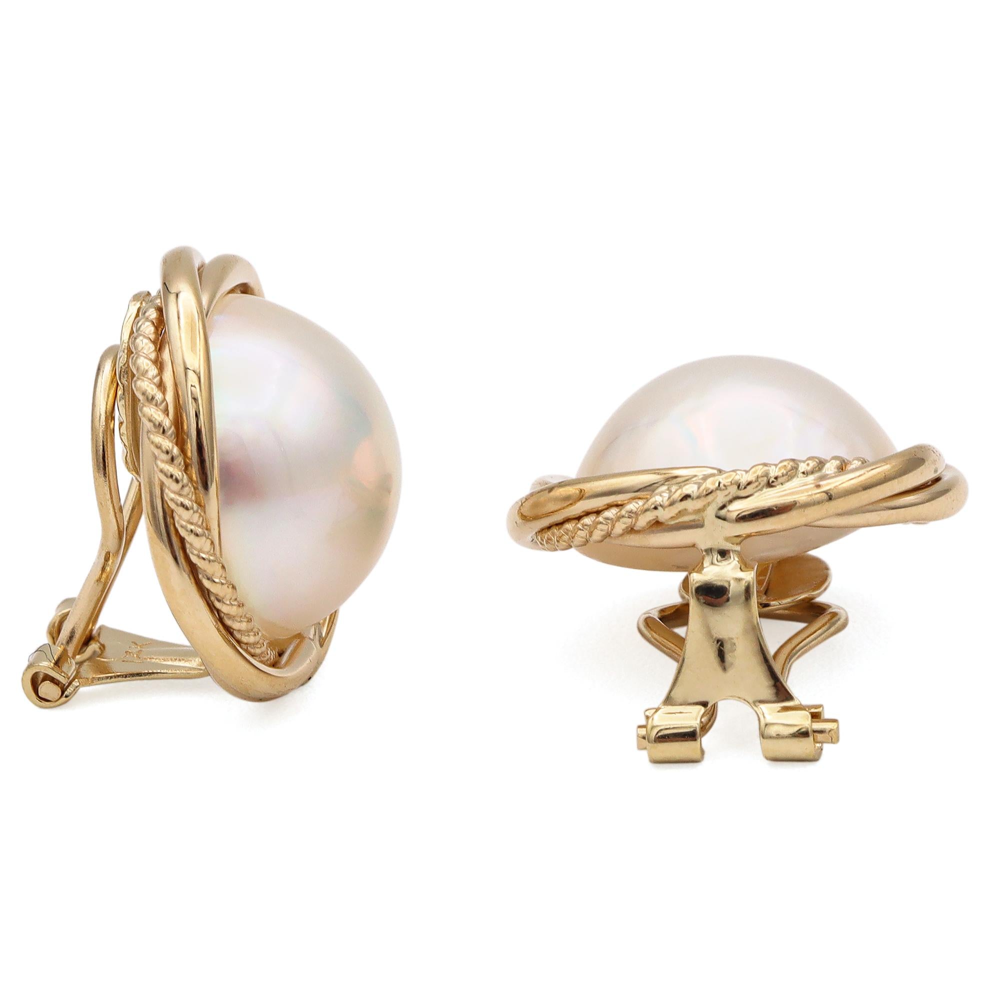 14K Yellow Gold Mabe Pearl Clip On Earrings