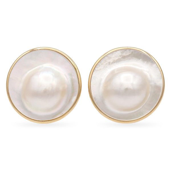 Vintage 14K Yellow Gold Blister Mabe Pearl Omega Back Earrings