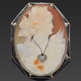 Antique 14K White Gold Cameo Shell & Diamond Oval Brooch Pin Pendant