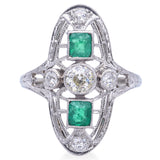 Antique Art Deco 18K White Gold Diamond & Emerald Shield Cocktail Ring Size 3