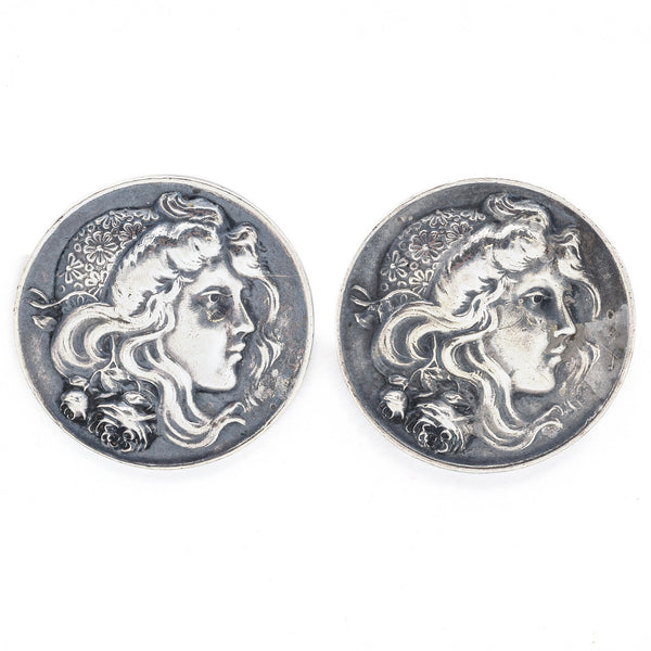 Antique Sterling Silver Repousse Round Maiden Lady Earrings 23.5 mm