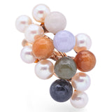 Ming's 14K Yellow Gold Multi-Color Jade & Pearl Cluster Cocktail Ring Size 6