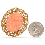 Antique 20K Yellow Gold Red Coral Cameo Filigree Brooch Pin Pendant