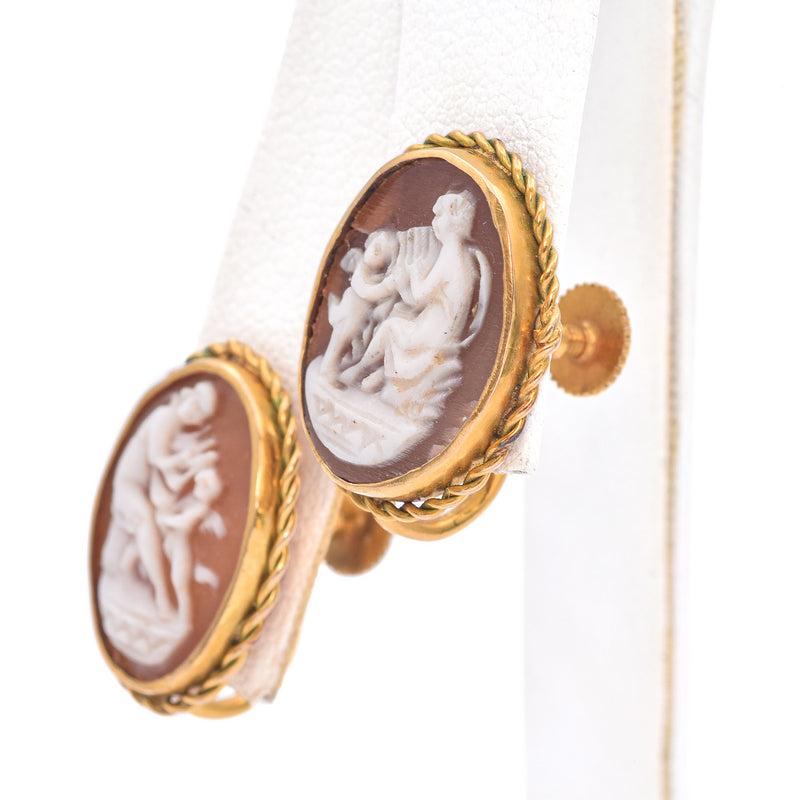 Antique 9 Ct Yellow Gold Cameo Screw Back Earrings