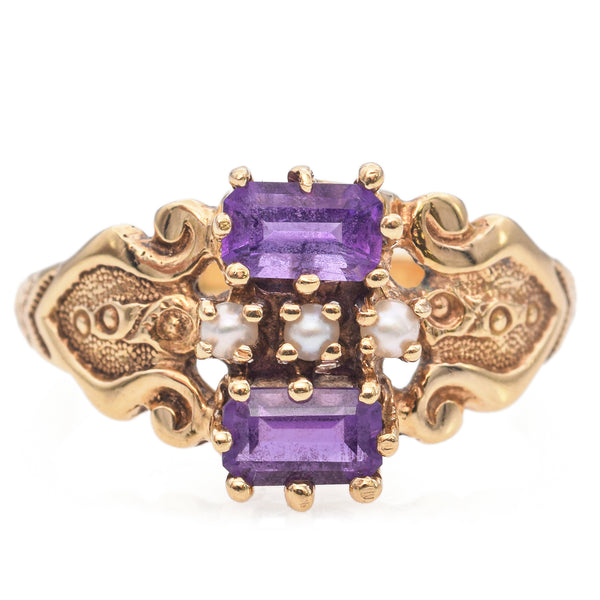 Antique Yellow Gold Amethyst and Pearl Band Ring