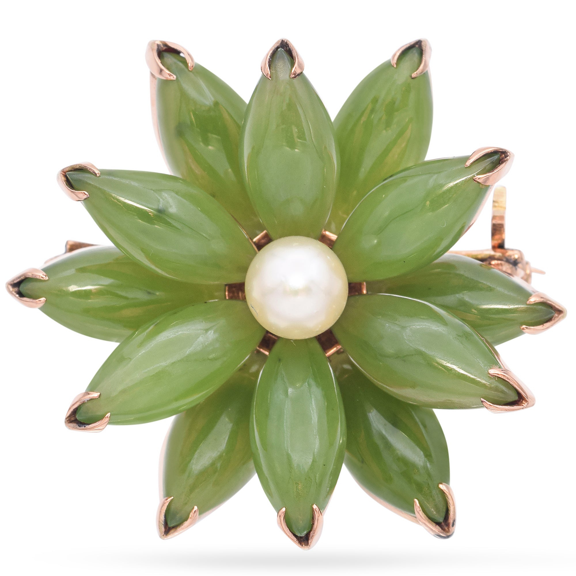 Vintage Yellow Gold Green Jade and Pearl Flower Brooch