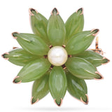 Vintage Yellow Gold Green Jade and Pearl Flower Brooch