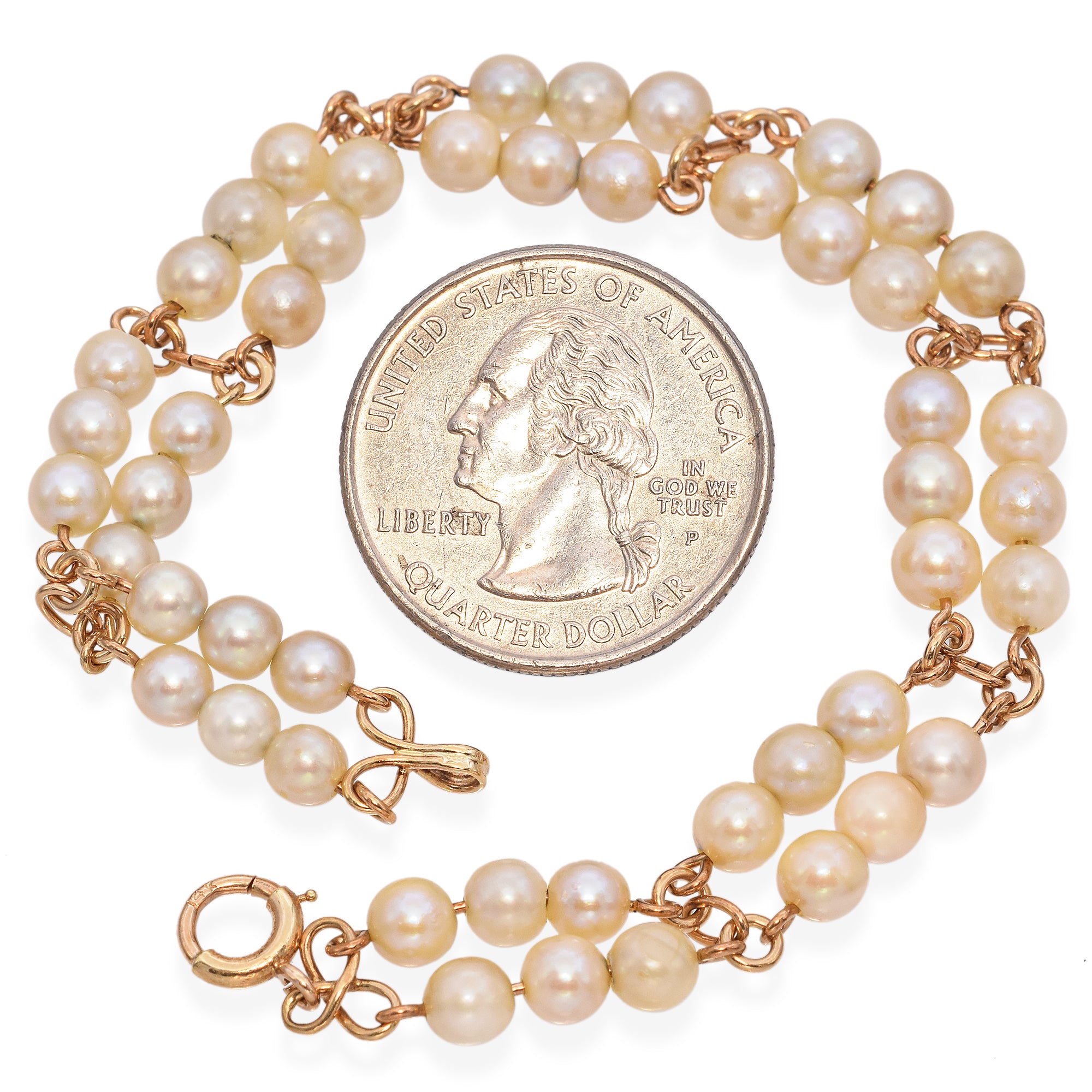 14K Yellow Gold Double Strand Pearl Bracelet