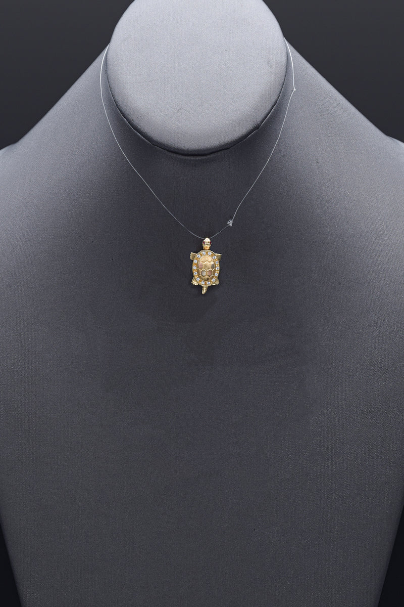 Estate Ruby & CZ 14K Yellow Gold Articulated Turtle Charm Pendant