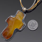 Vintage Amber Sterling Silver Leather Cord Cross Pendant