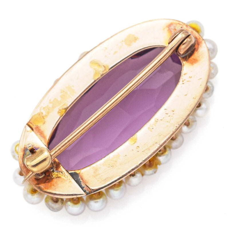 Antique 14K Yellow Gold Purple Paste & Sea Pearl Oval Brooch Pin 5.1 Grams