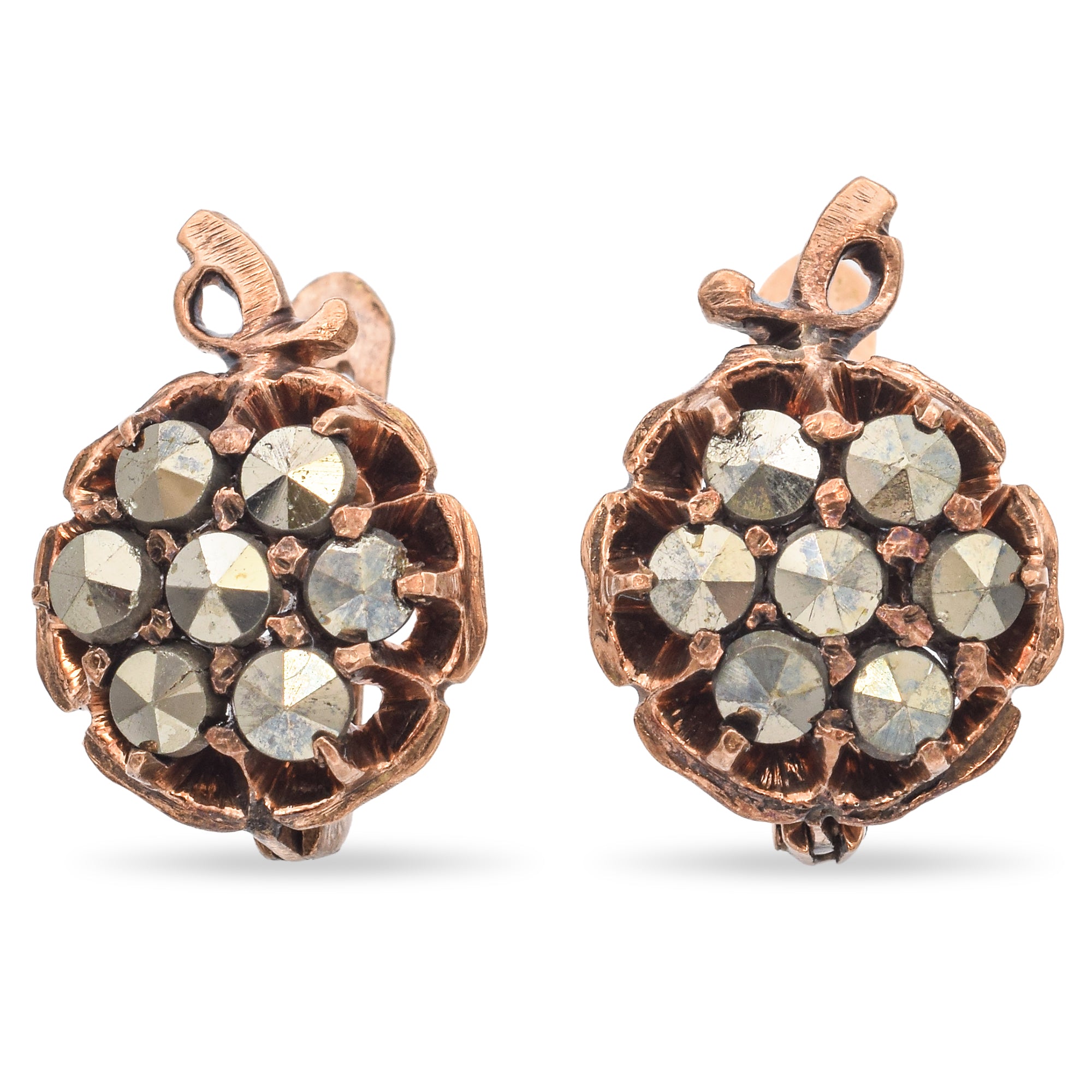 Antique 9K Rose Gold Marcasite Lever-Back Earrings