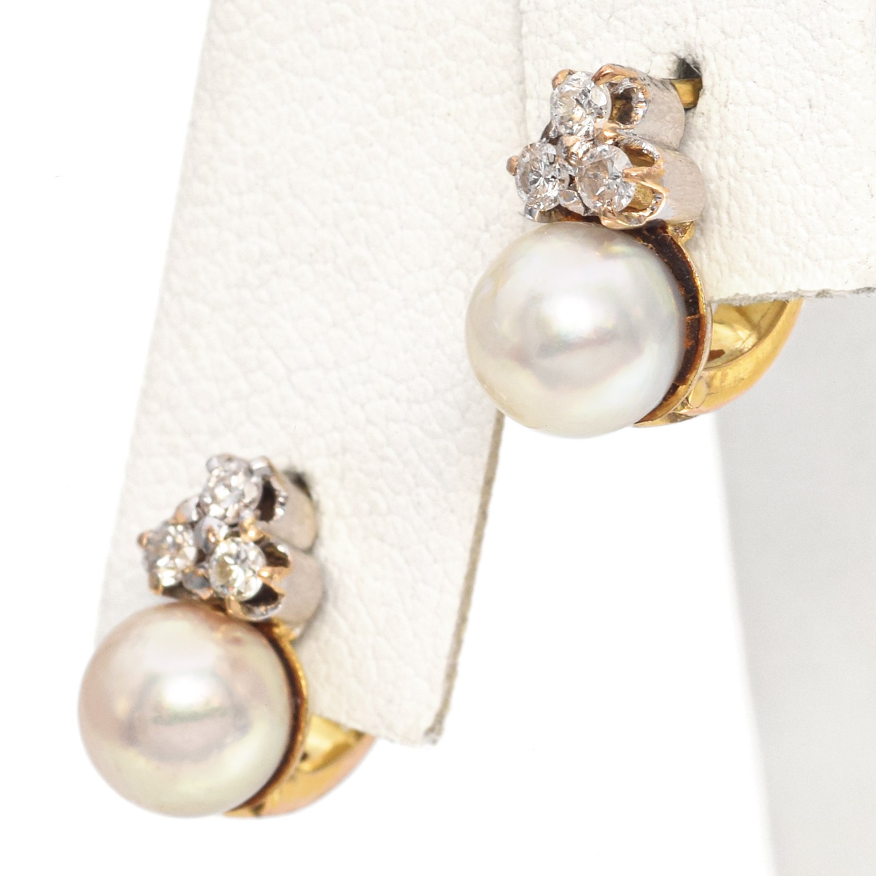 Vintage Yellow Gold Pearl and Diamond Latch Back Earrings