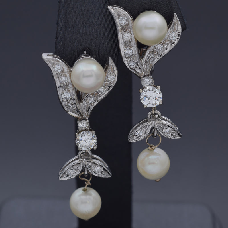 Vintage 14K White Gold Pearl & 1.16 TCW Diamond Omega Back Dangle Earrings