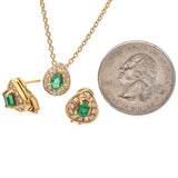 18K Yellow Gold 1.10 TCW Emerald and Halo Diamond Pendant & Stud Earrings Set