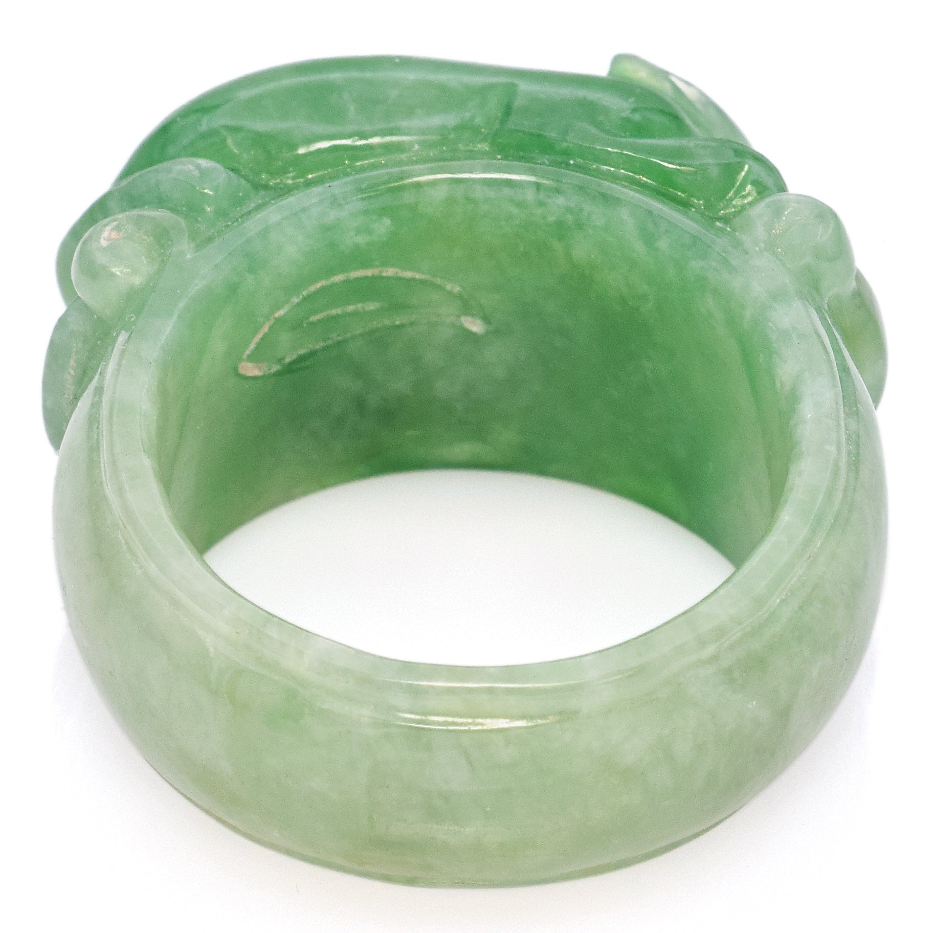 Grade A Translucent Green Jade Carved Saddle Band Ring with Certificate