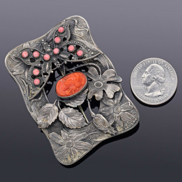 Antique German Silver Red Coral Butterfly Floral Cameo Large Brooch Pin 30.6G