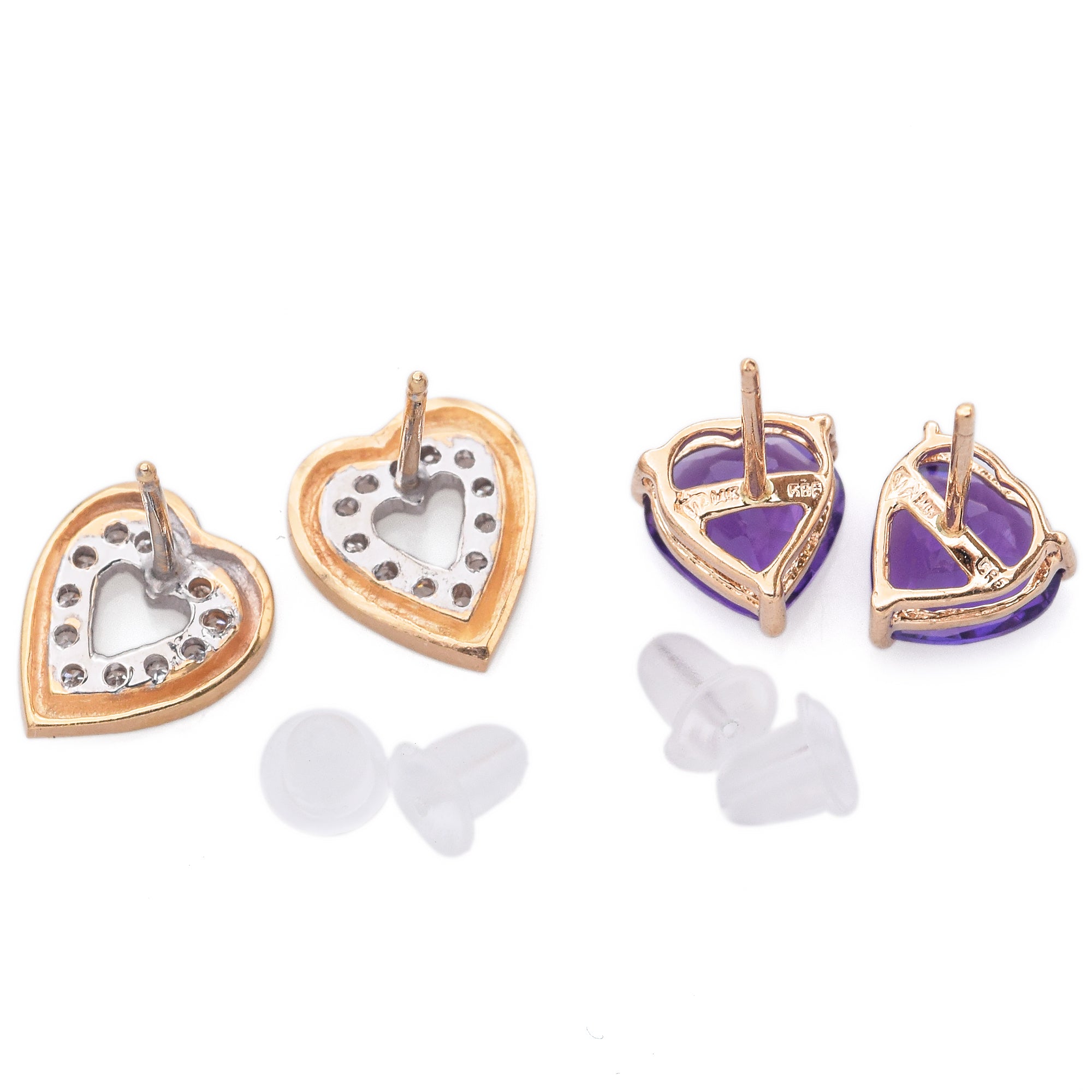 2 Pairs Vintage 14k Yellow Gold Amethyst and Diamond Heart Stud Earrings