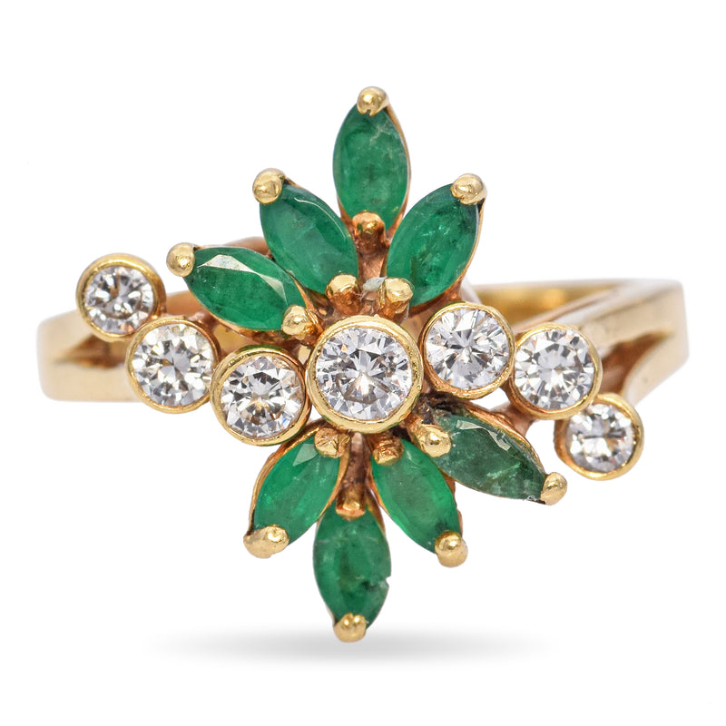 Vintage 18K Yellow Gold Emerald and Diamond Cocktail Ring