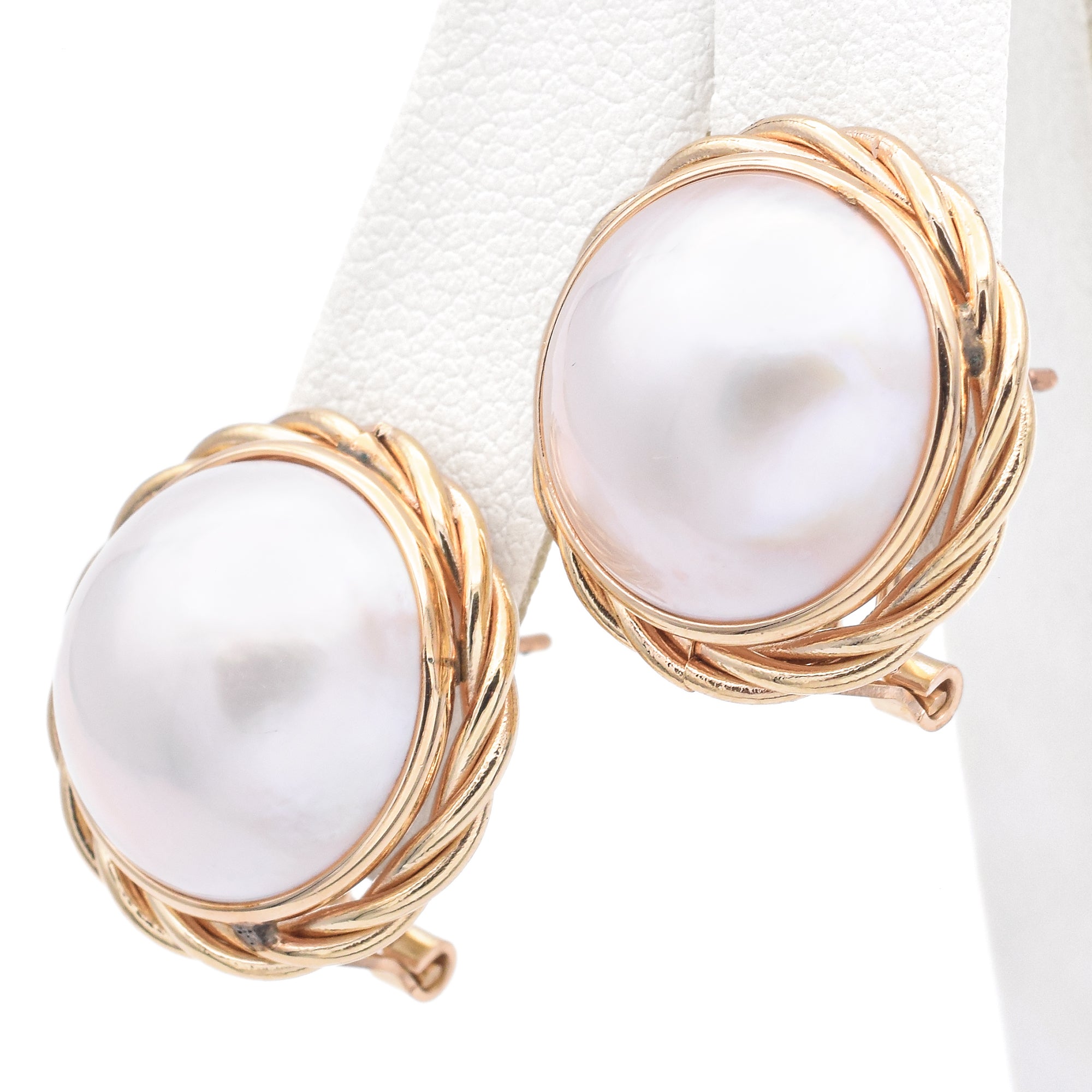 Vintage 14K Yellow Gold Mabe Pearl Omega-Back Earrings