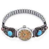 Longines 14K Gold Hand Wind Watch on Sterling & Steel Turquoise Red Coral Band