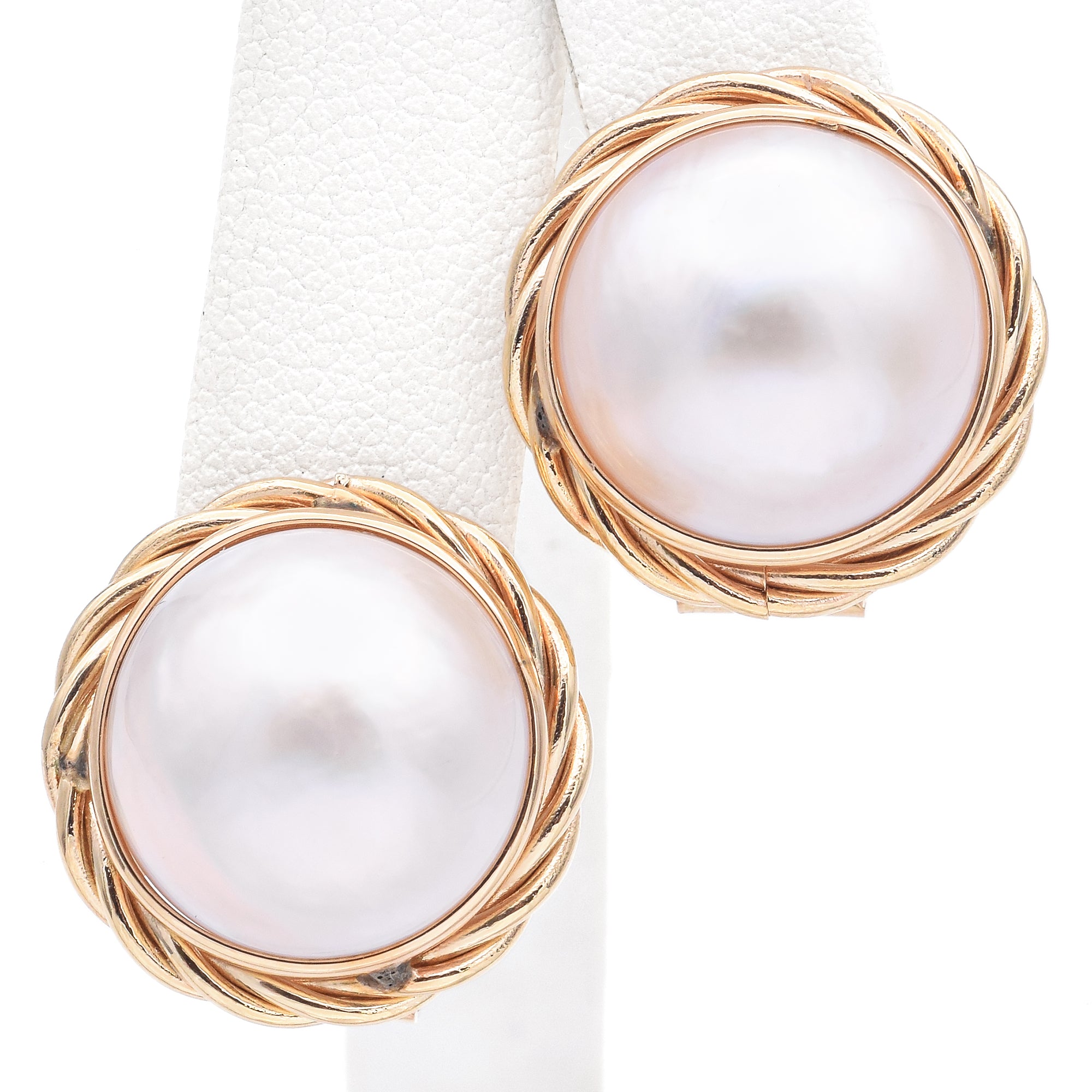 Vintage 14K Yellow Gold Mabe Pearl Omega-Back Earrings