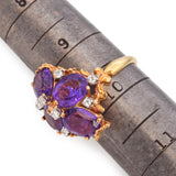 18K Yellow Gold 6.72 TCW Amethyst and Diamond Leaf Setting Cocktail Ring