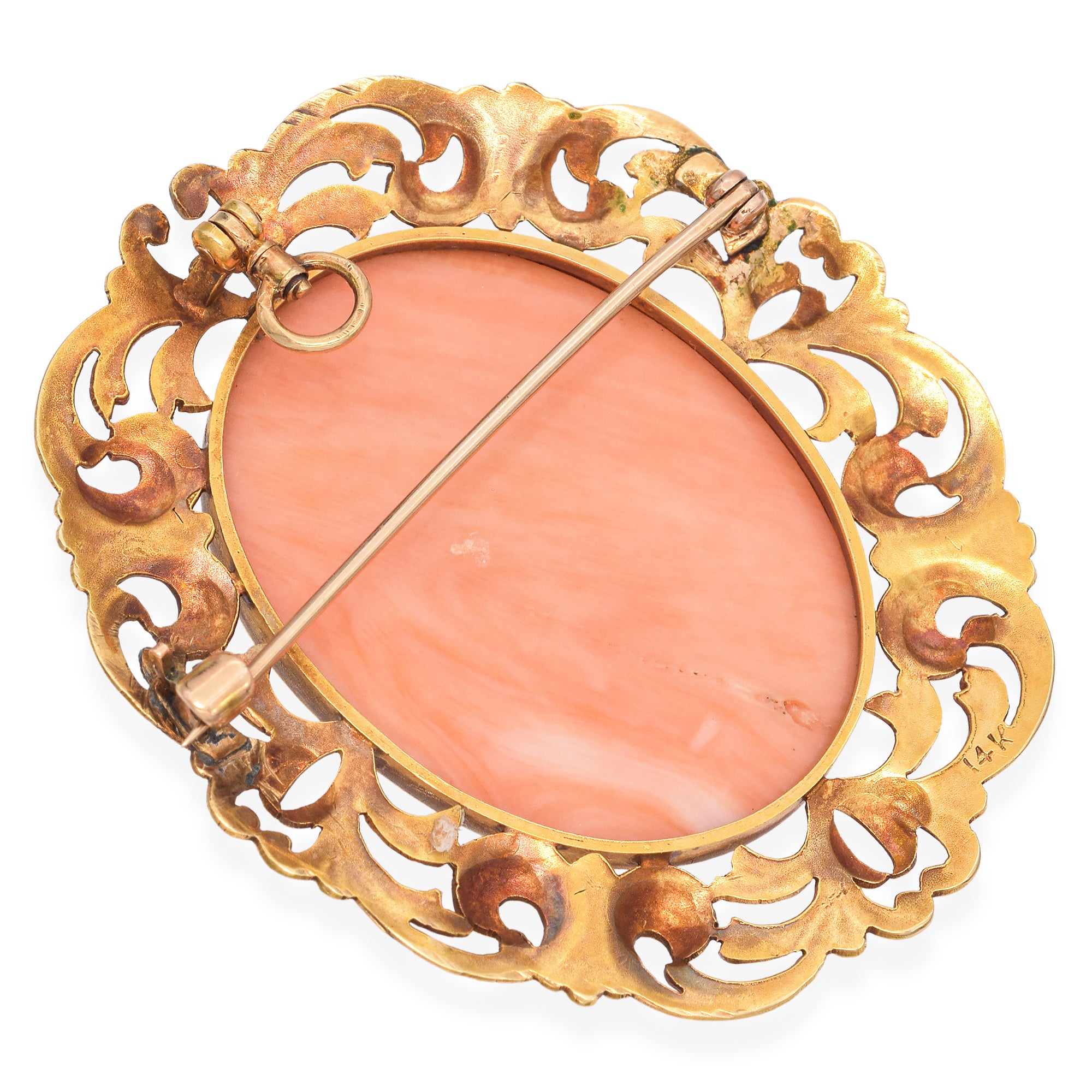 Antique 20K Yellow Gold Red Coral Cameo Filigree Brooch Pin Pendant