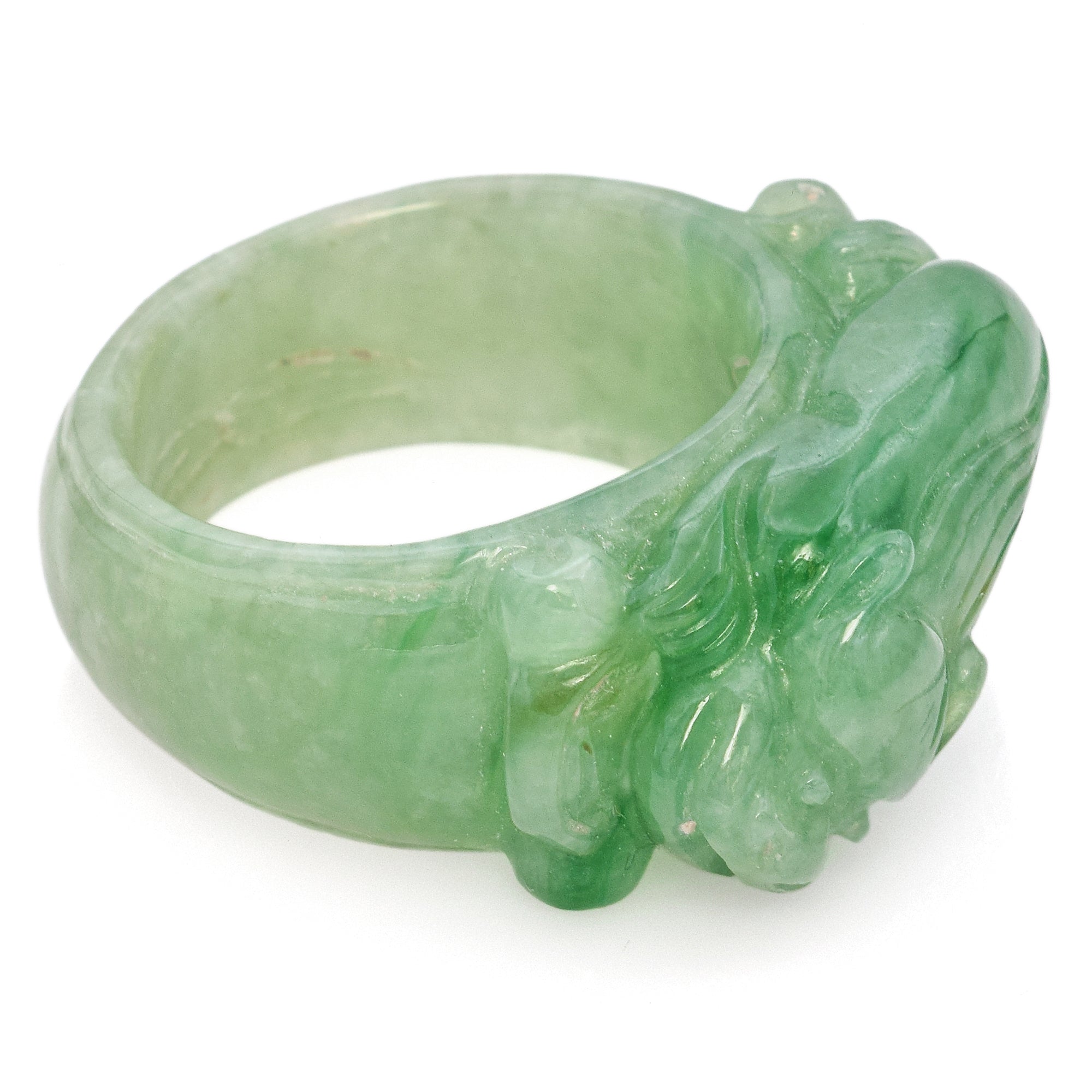 Grade A Translucent Green Jade Carved Saddle Band Ring with Certificate