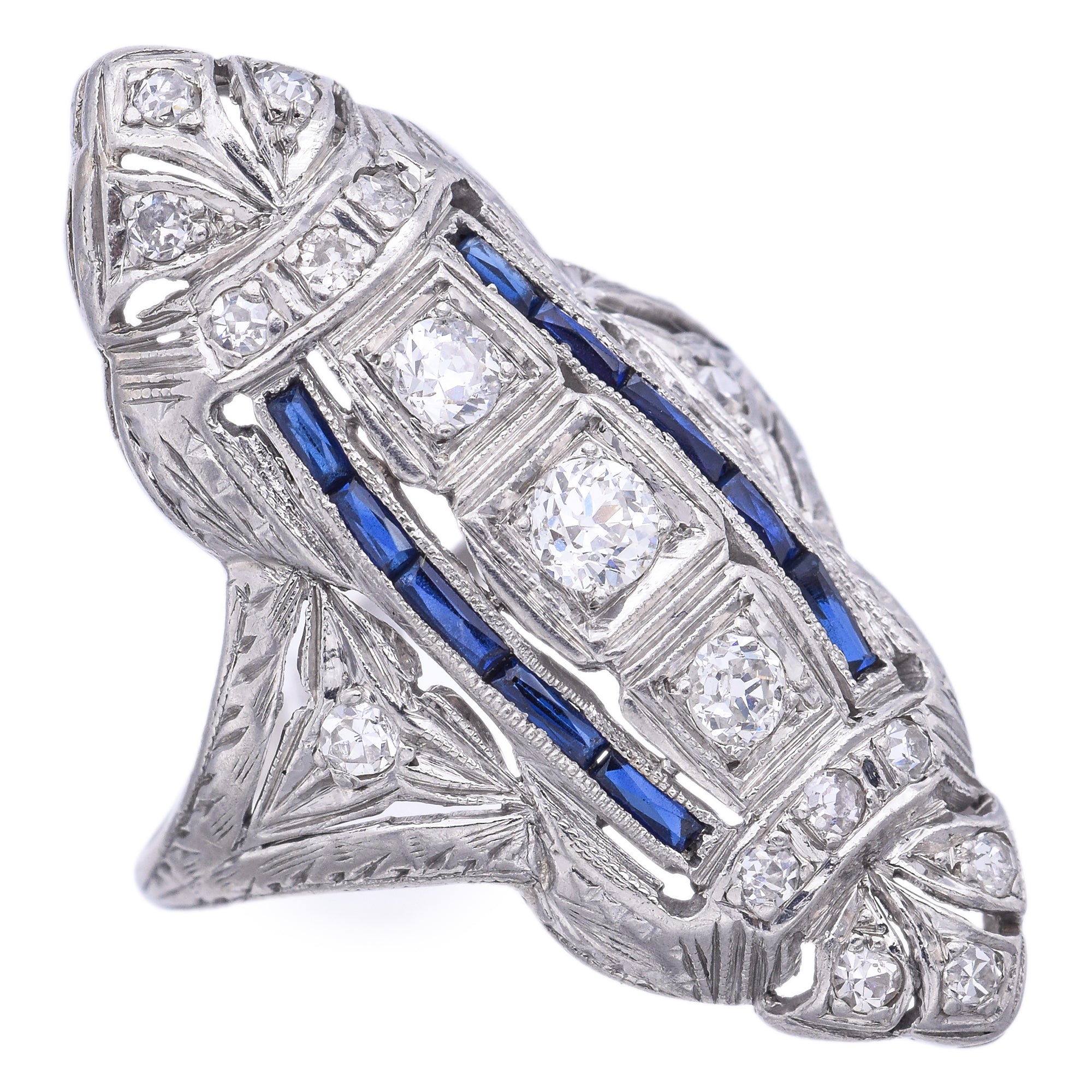 Antique Art Deco Platinum 0.33TCW Diamond & Sapphire Shield Cocktail Ring Sz5.75