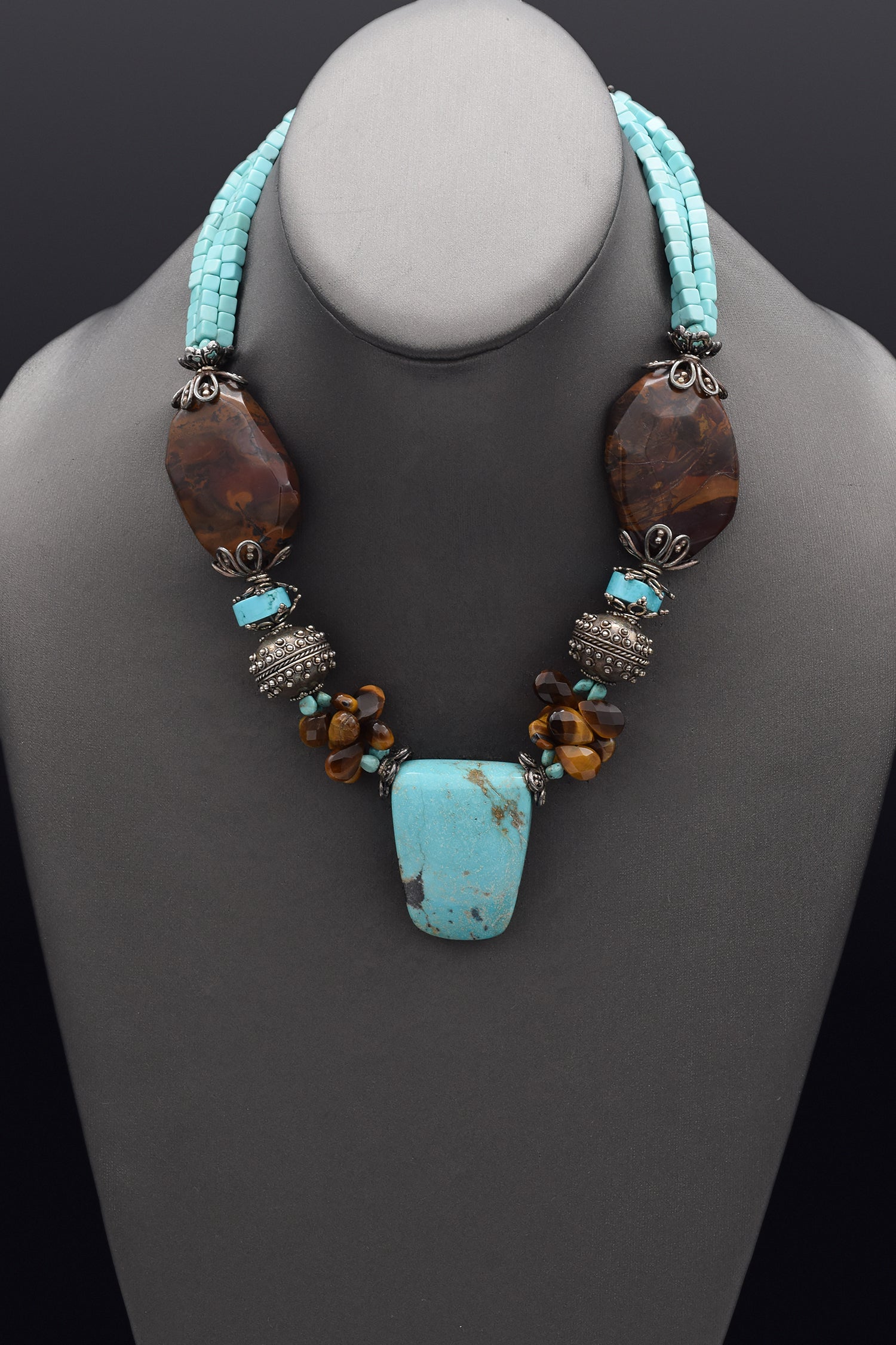 Shonto Canyon Sterling Silver Turquoise, Tiger's Eye, Agate Beaded Necklace