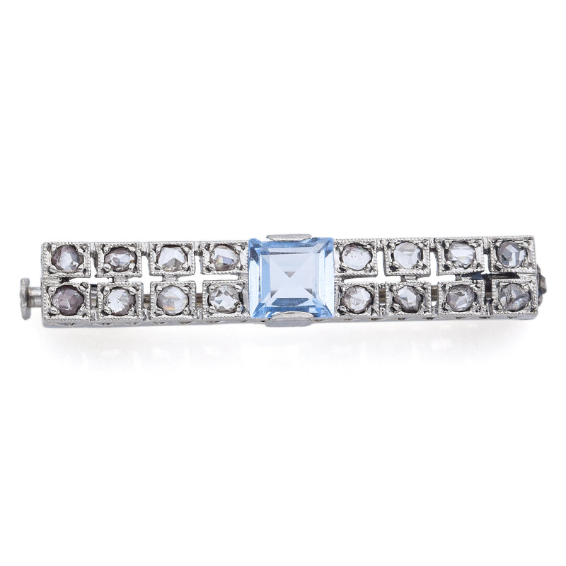 Antique 14K White Gold Blue Topaz & Diamond Bar Brooch Pin