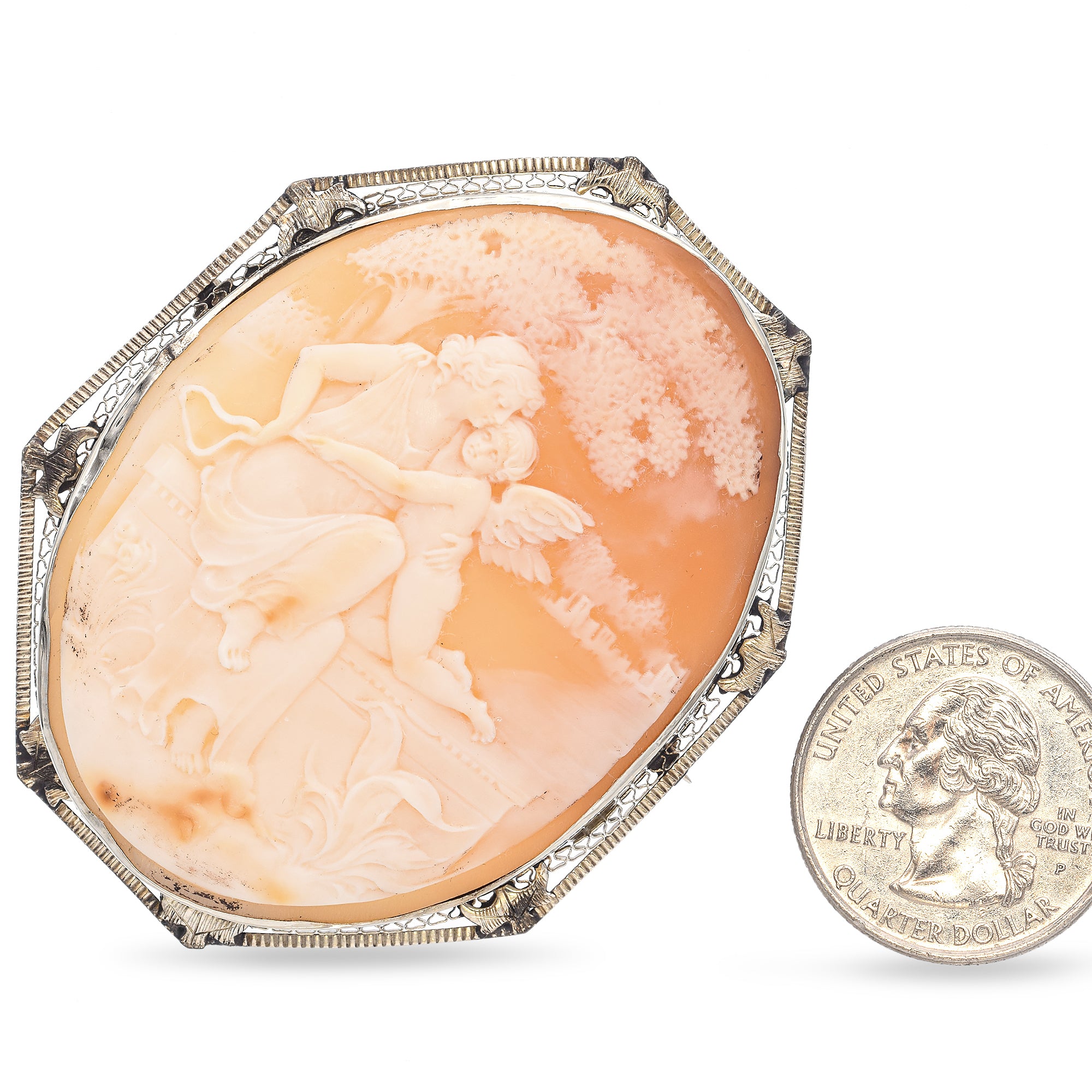 Antique White Gold Cameo Venus Protecting Eros Brooch