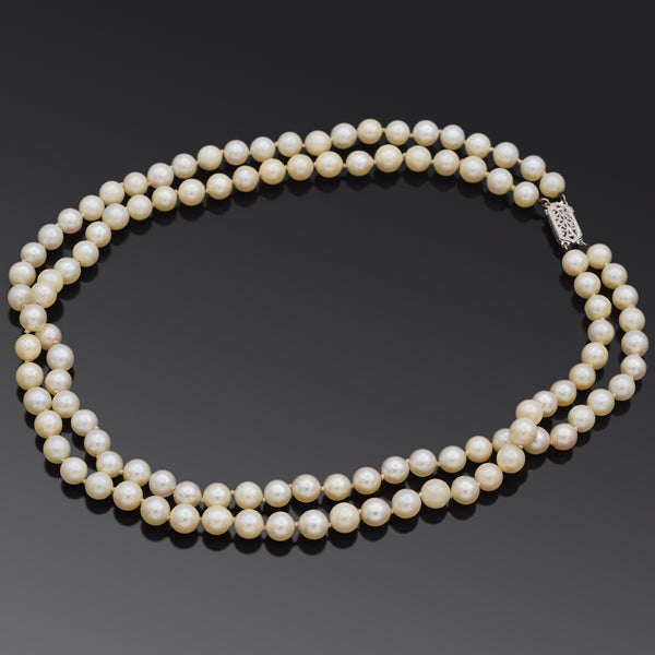 Vintage 14K White Gold 6-6.5 mm Pearl Beaded Double-Strand Necklace 15 Inches