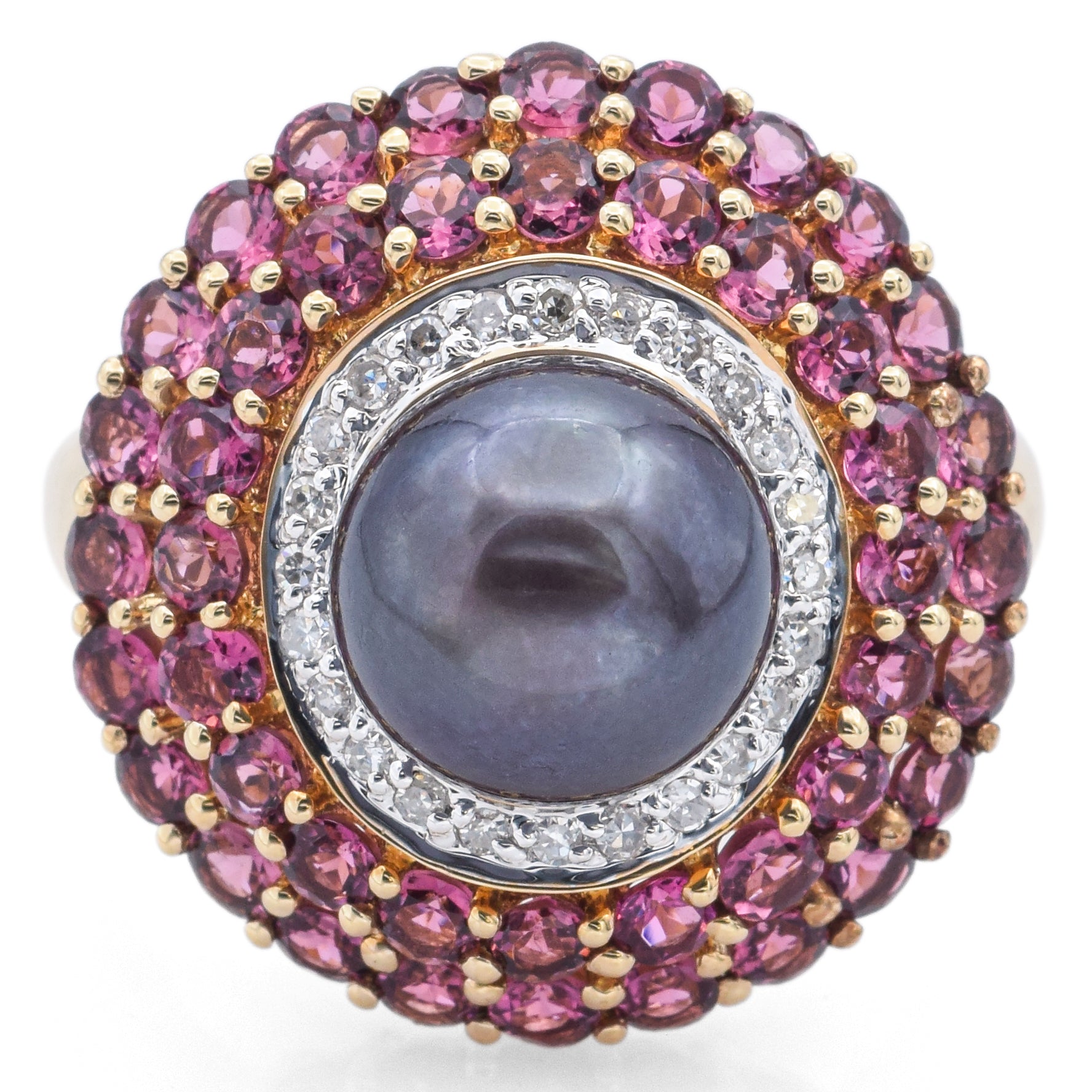 Estate 14K Yellow Gold South Sea Pearl, Rhodolite & Diamond Cocktail Ring Size 9