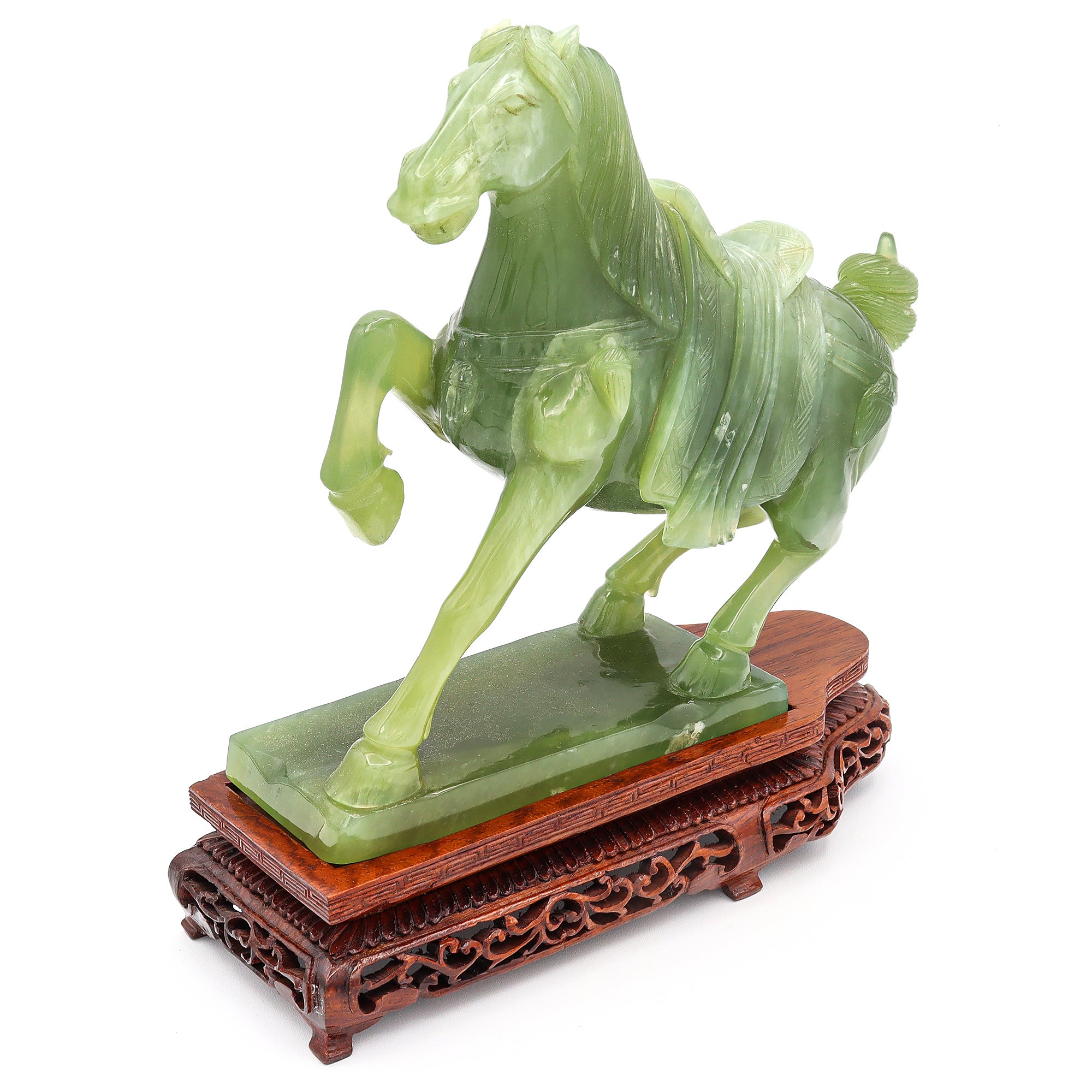 Vintage Carved Serpentine Horse Figurine with Wooden Stand 3.7lbs 8.5"x7"x2.5"