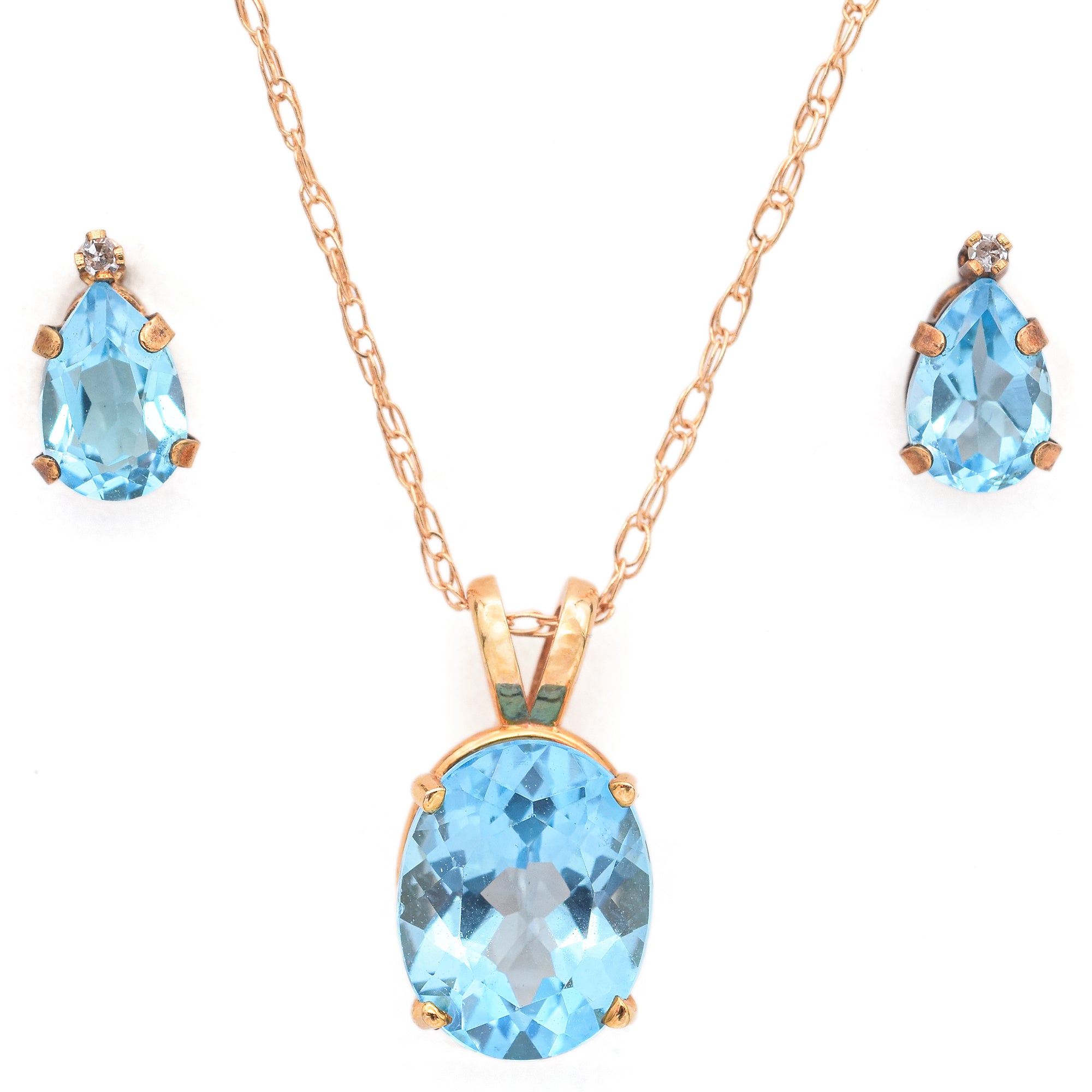 Estate Blue Topaz and Diamond 10K Gold Earrings & 14K Gold Pendant Necklace Set