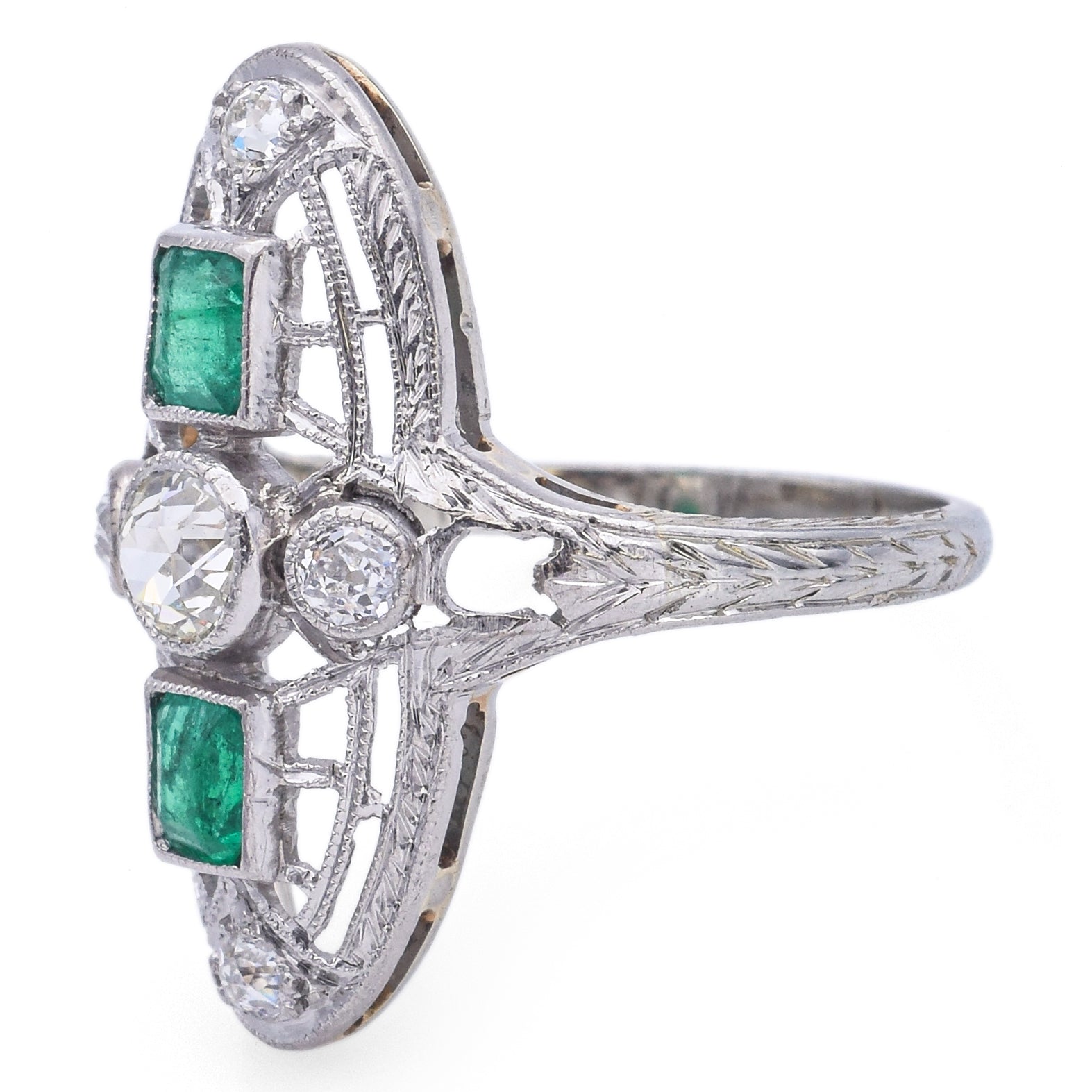 Antique Art Deco 18K White Gold Diamond & Emerald Shield Cocktail Ring Size 3