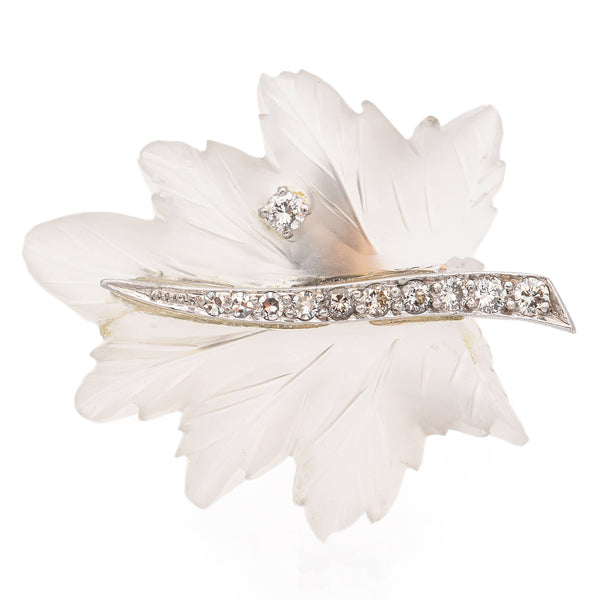 Vintage Tiffany & Co. 14K White Gold Diamond Carved Rock Crystal Leaf Brooch