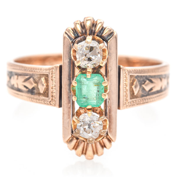 Antique 12K Rose Gold Emerald and Old Mine Cut Diamond Band Ring Size 8