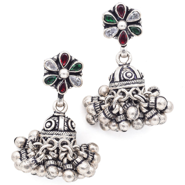 Estate Sterling Silver Red Green Tourmaline & CZ Traditional Jhumka Earrings