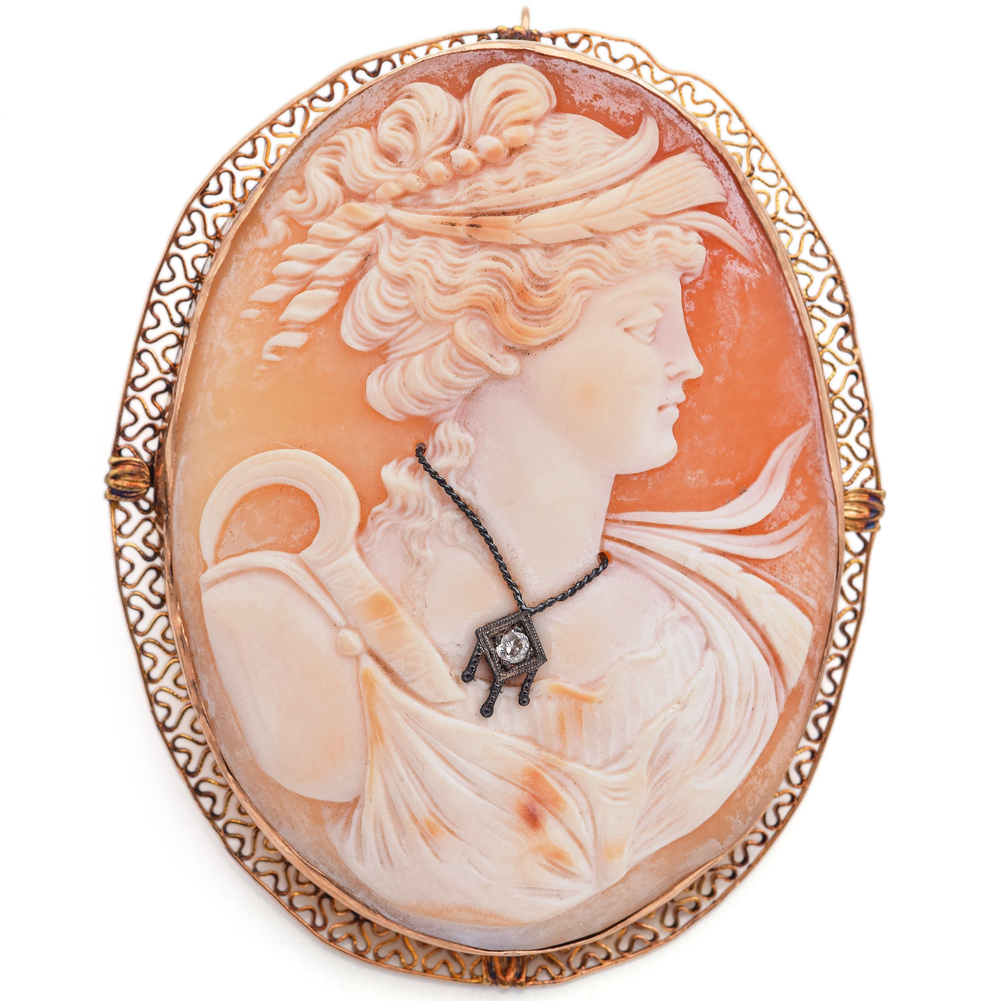 Antique 14K Gold Cameo Shell & Diamond Ceres Habille Harvest Brooch Pin Pendant