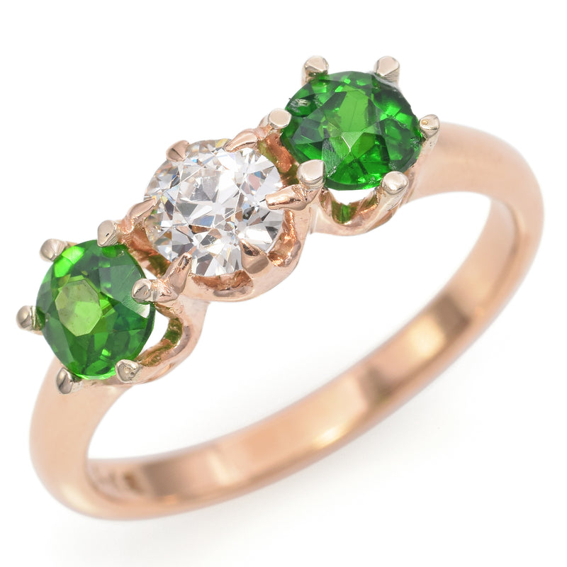 Antique 14K Yellow Gold Demantoid Garnet & .44ct Diamond Three-Stone Band Ring