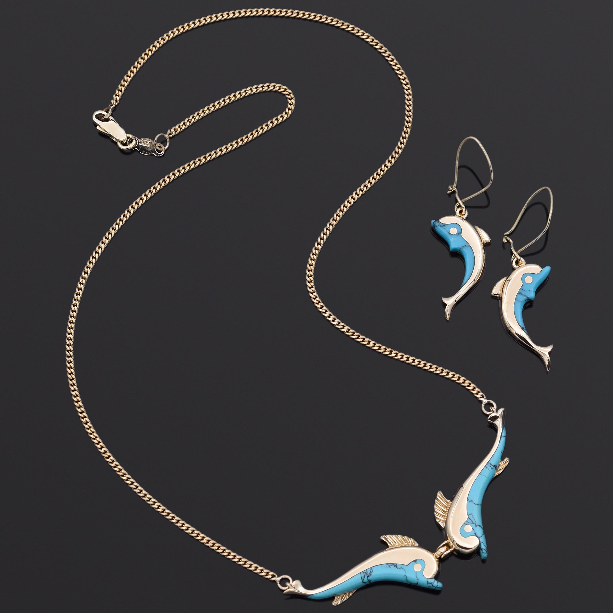 Vintage 14K Yellow Gold Turquoise Dolphin Pendant Necklace & Earrings Set