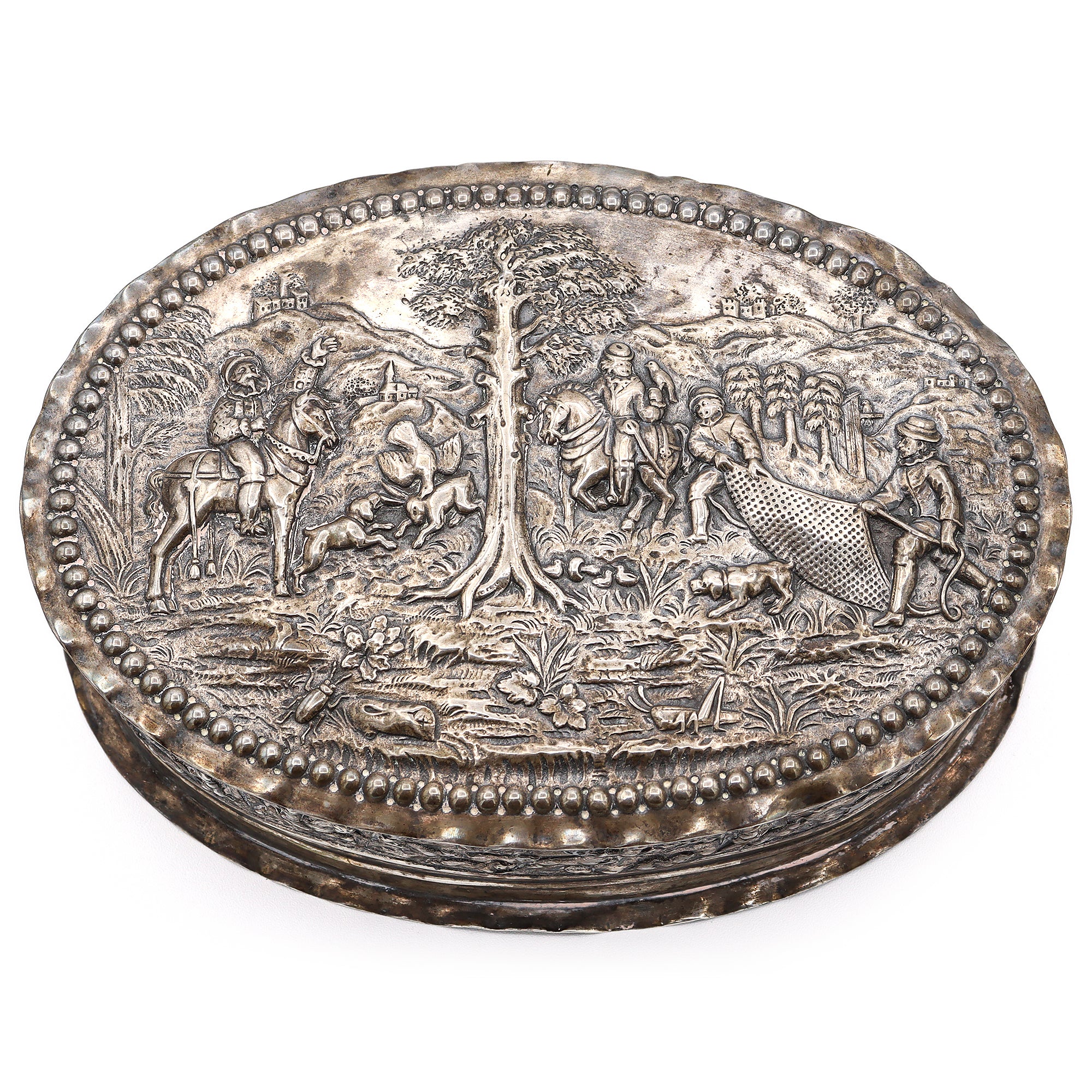 Antique Embossed Silver Hunting Scene Oval Jewelry Trinket Box