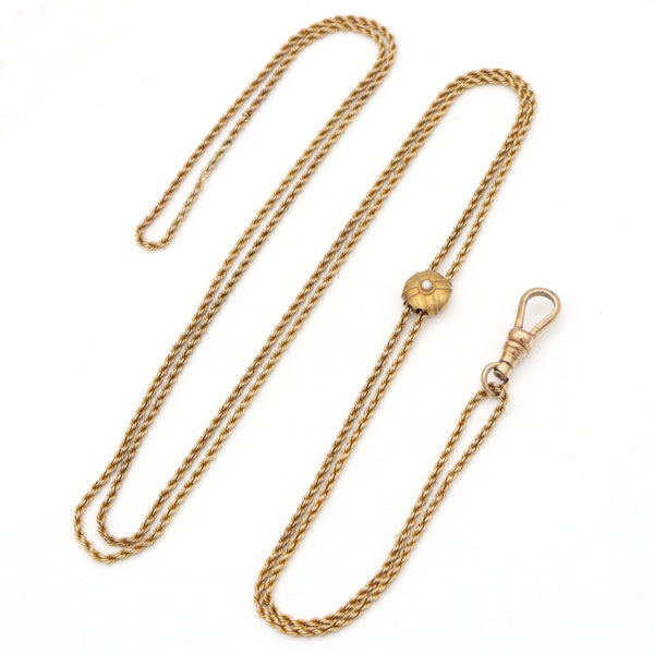 Antique Yellow Gold Filled Pearl Slide Pocket Watch Chain Necklace, 41 Inches