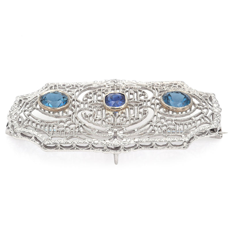 Antique Art Deco 14K White Gold & Platinum Sapphire & Blue Topaz Brooch Pin