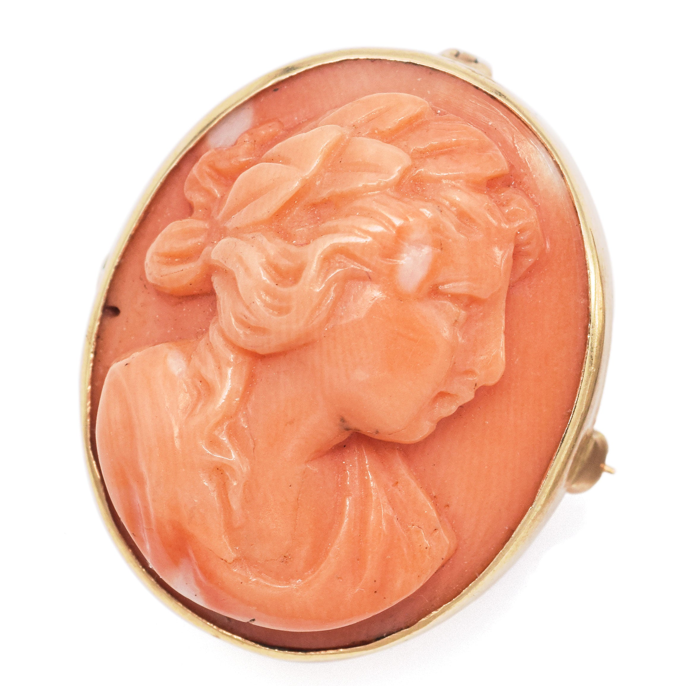 Antique 14K Yellow Gold Red Coral Cameo Brooch Pin Pendant